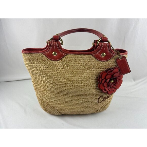 COACH Bleecker NATURAL STRAW VERMILLION RED LG LEATHER FLORAL Tote Bag 2008 EUC - Picture 3 of 12